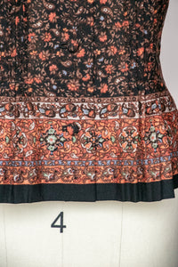 1970s Skirt Blouse Set Ensemble Dark Floral M