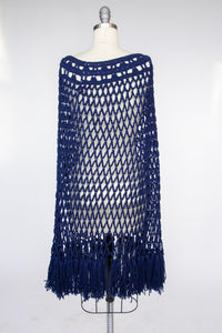 1970s Poncho Sheer Knit Fringe Granny Crochet