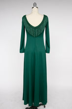 Load image into Gallery viewer, 1970s Maxi Dress Green Fringe Boho Maxi S