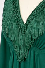 Load image into Gallery viewer, 1970s Maxi Dress Green Fringe Boho Maxi S