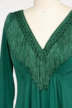 Load image into Gallery viewer, 1970s Maxi Dress Green Fringe Boho Maxi S
