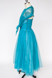 1950s Dress Chiffon Sequins Full Skirt XS