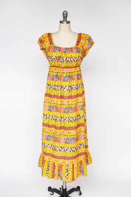 1970s Dress Floral Cotton Off The Shoulder Boho S