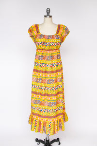 1970s Dress Floral Cotton Off The Shoulder Boho S