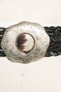 1980s Wide Belt Braided Black Leather Agate Buckle