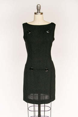 1960s Dress Black Linen Shift S