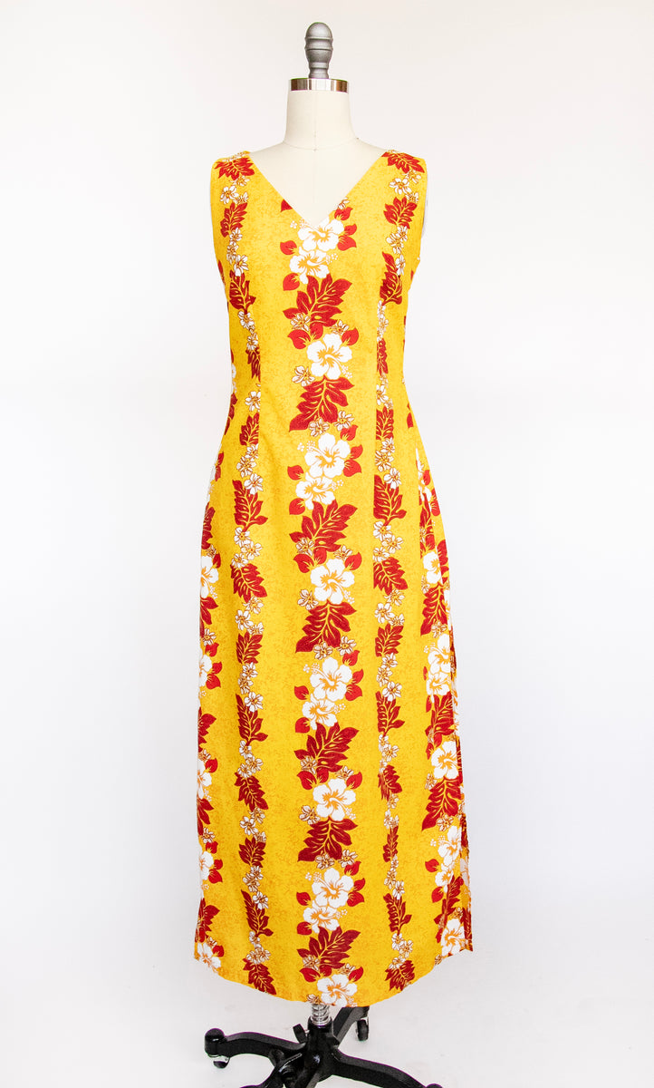 fitted lace wedding dress 1990s Hawaiian Dress Printed Cotton Maxi S – Deja Vintage Boutique