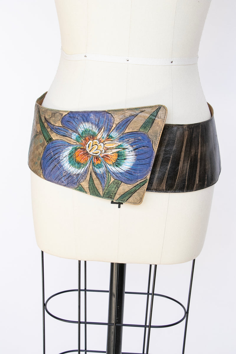 1980s Leather Belt Jane Yoo Hand Painted Waist Cinch Floral  display picture 3