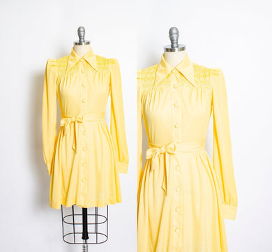1970s Dress Young Innocent Yellow Smocked XS