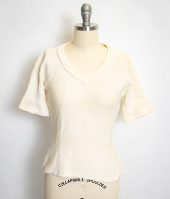 1950s Knit Top Cream Fitted Blouse Small