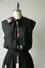 Load image into Gallery viewer, 1970s Dress Polka Dot Dark Floral Sheer Chiffon S