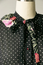 Load image into Gallery viewer, 1970s Dress Polka Dot Dark Floral Sheer Chiffon S