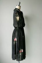 Load image into Gallery viewer, 1970s Dress Polka Dot Dark Floral Sheer Chiffon S