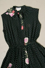 Load image into Gallery viewer, 1970s Dress Polka Dot Dark Floral Sheer Chiffon S