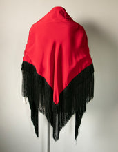 Load image into Gallery viewer, 1970s Fringe Shawl Red & Black Long