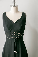 Load image into Gallery viewer, 1960s Dress Black Linen Beaded XS