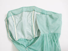 Load image into Gallery viewer, 1950s Dress Sea Foam Flocked Polka Dot Gown Small