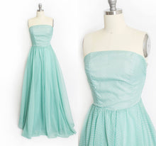 Load image into Gallery viewer, 1950s Dress Sea Foam Flocked Polka Dot Gown Small