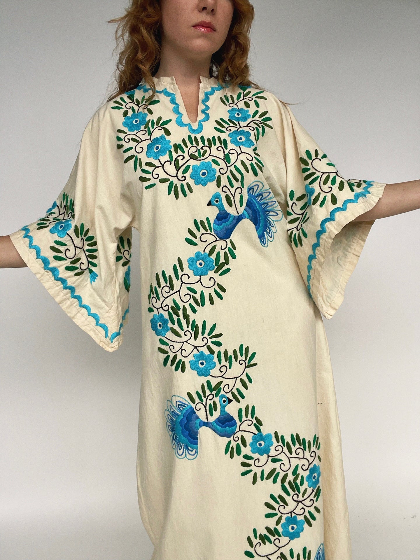 1970s Maxi Gown Embroidered Cotton Mexican Dress M