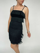 Load image into Gallery viewer, 1960s Dress Fringe Tiered Black Crepe Cocktail Party S