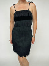Load image into Gallery viewer, 1960s Dress Fringe Tiered Black Crepe Cocktail Party S
