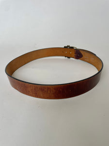 1970s Leather Belt Brown Brass Buckle Boho L