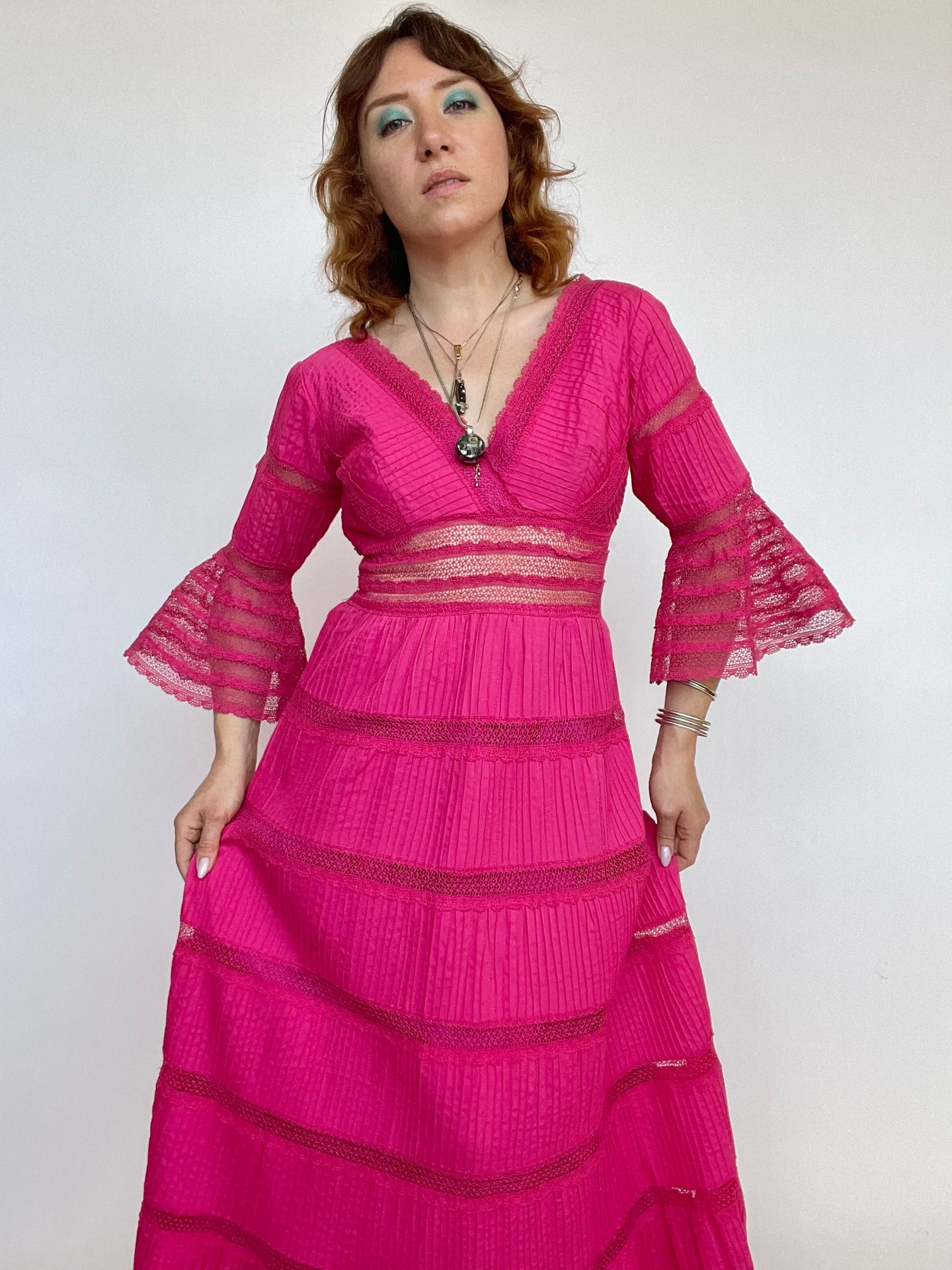 1960s Mexican Wedding Dress Sheer Lace Maxi Boho M – Deja Vintage Boutique