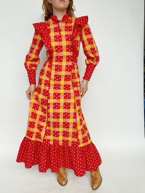 1970s Maxi Dress Patchwork Cotton Prairie Gown S