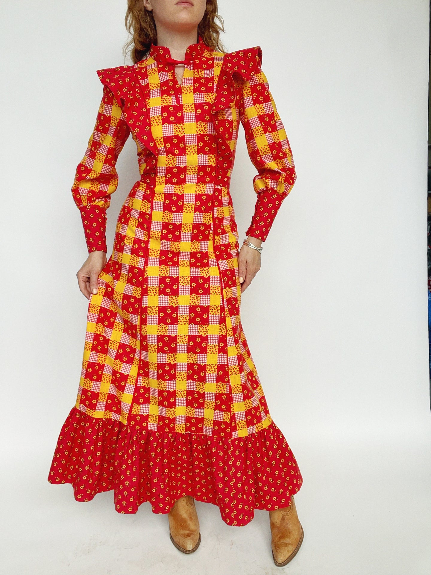 1970s Maxi Dress Patchwork Cotton Prairie Gown S