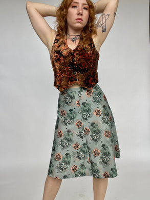 1970s Skirt Floral Photo Print Novelty Gibson Girl High Waist XS
