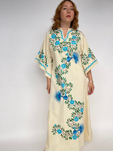 1970s Maxi Gown Embroidered Cotton Mexican Dress M