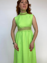 Load image into Gallery viewer, 1960s Maxi Gown Lime Green Illusion Floral Sleeveless Mod S