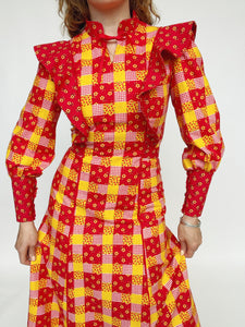 1970s Maxi Dress Patchwork Cotton Prairie Gown S
