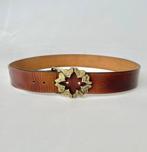 Load image into Gallery viewer, 1970s Leather Belt Brown Brass Buckle Boho L