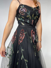Load image into Gallery viewer, Vintage 1940s Dress Black Tulle Floral Sequined Gown S/XS