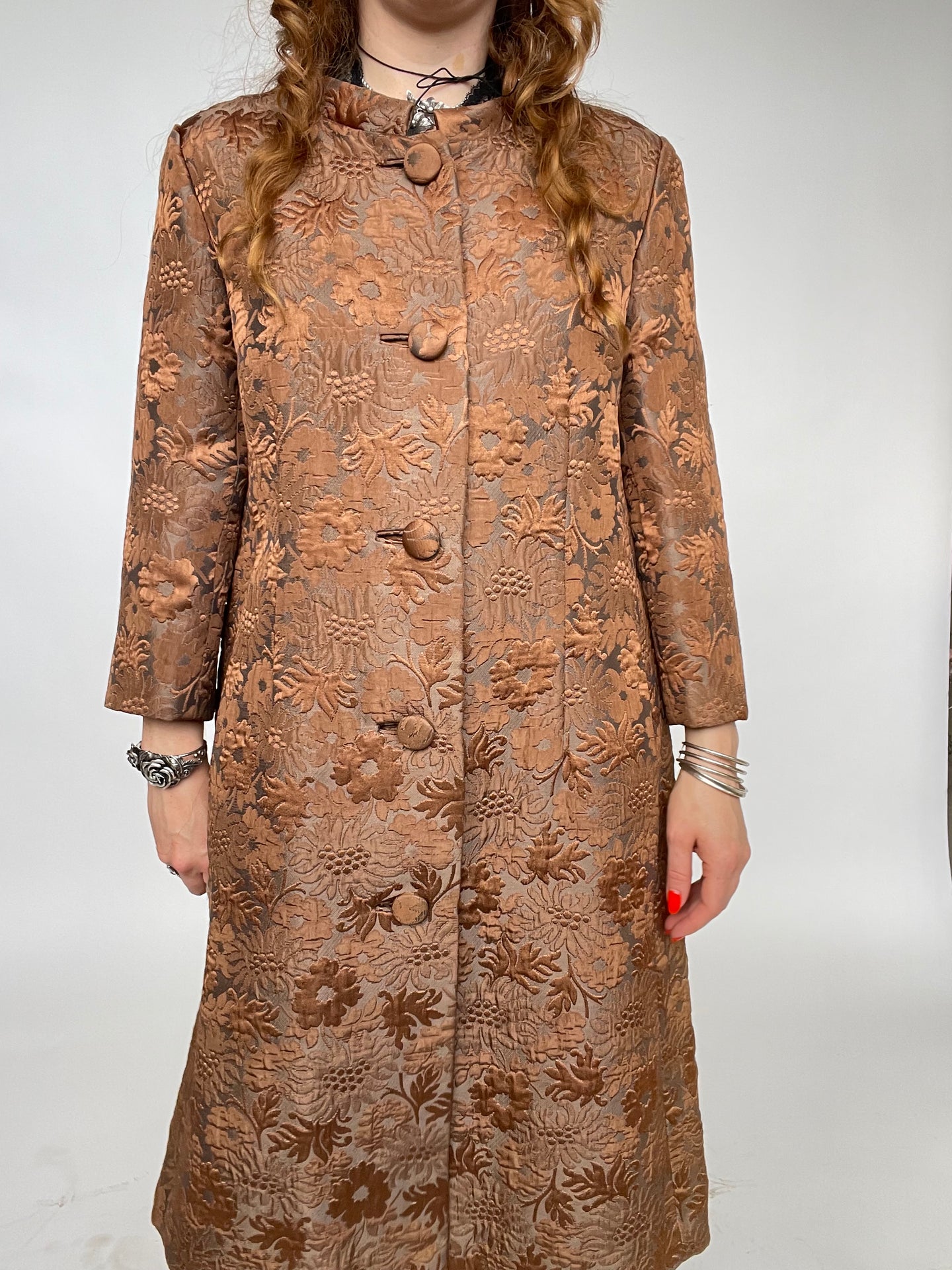 1960s Brocade Coat Copper Brown Evening M/L