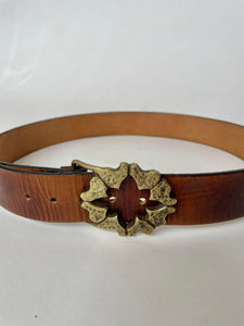 1970s Leather Belt Brown Brass Buckle Boho L