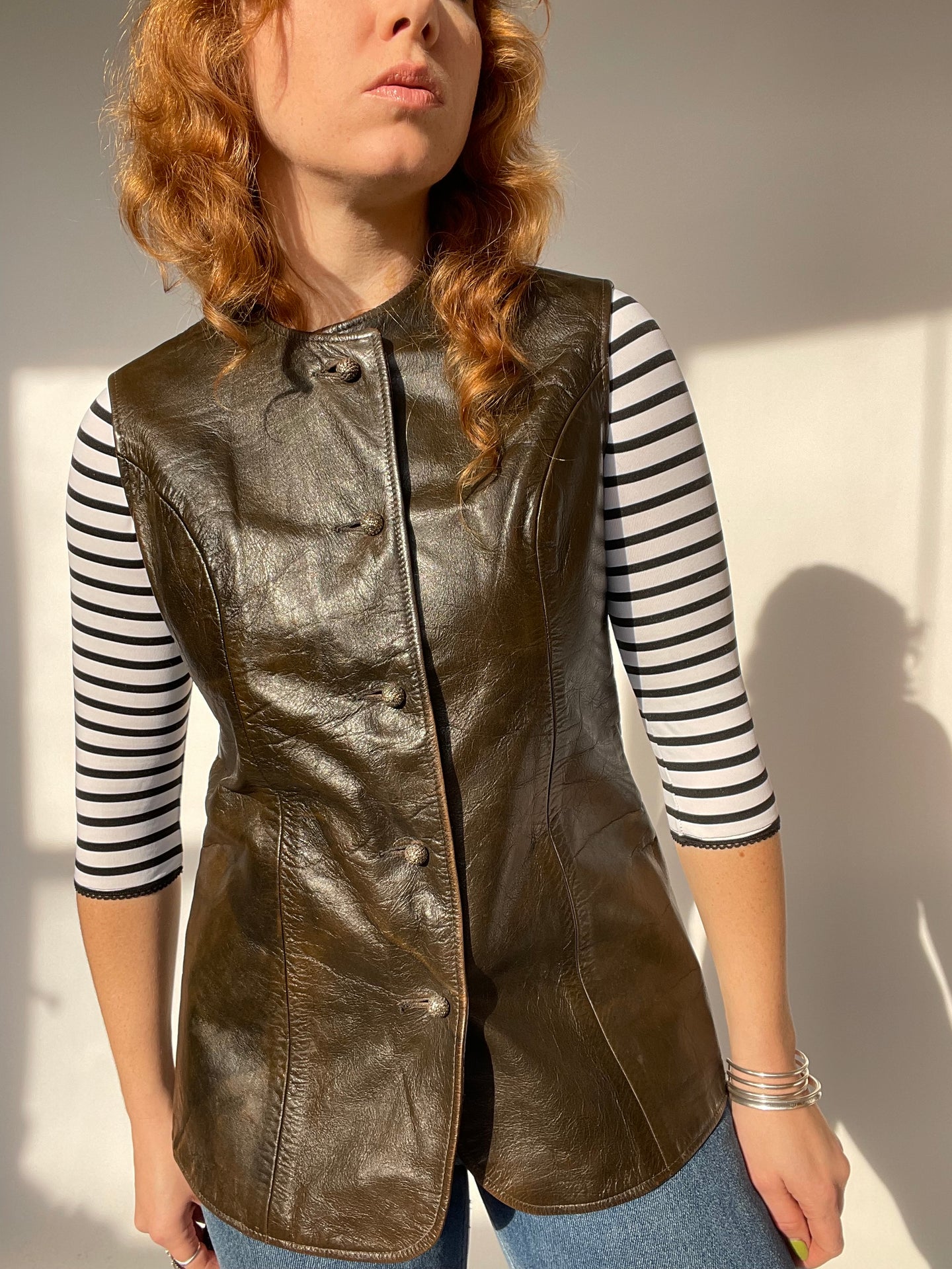 1960s Leather Vest Tunic Top Brown S