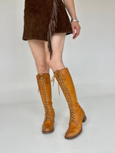 Load image into Gallery viewer, 1970s Frye Boots Knee High Lace Up Western Granny Campus Black Label Leather 9