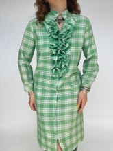 Load image into Gallery viewer, 1960s Shirt Dress Ruffle Green Plaid Shift M