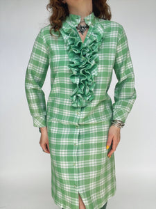 1960s Shirt Dress Ruffle Green Plaid Shift M