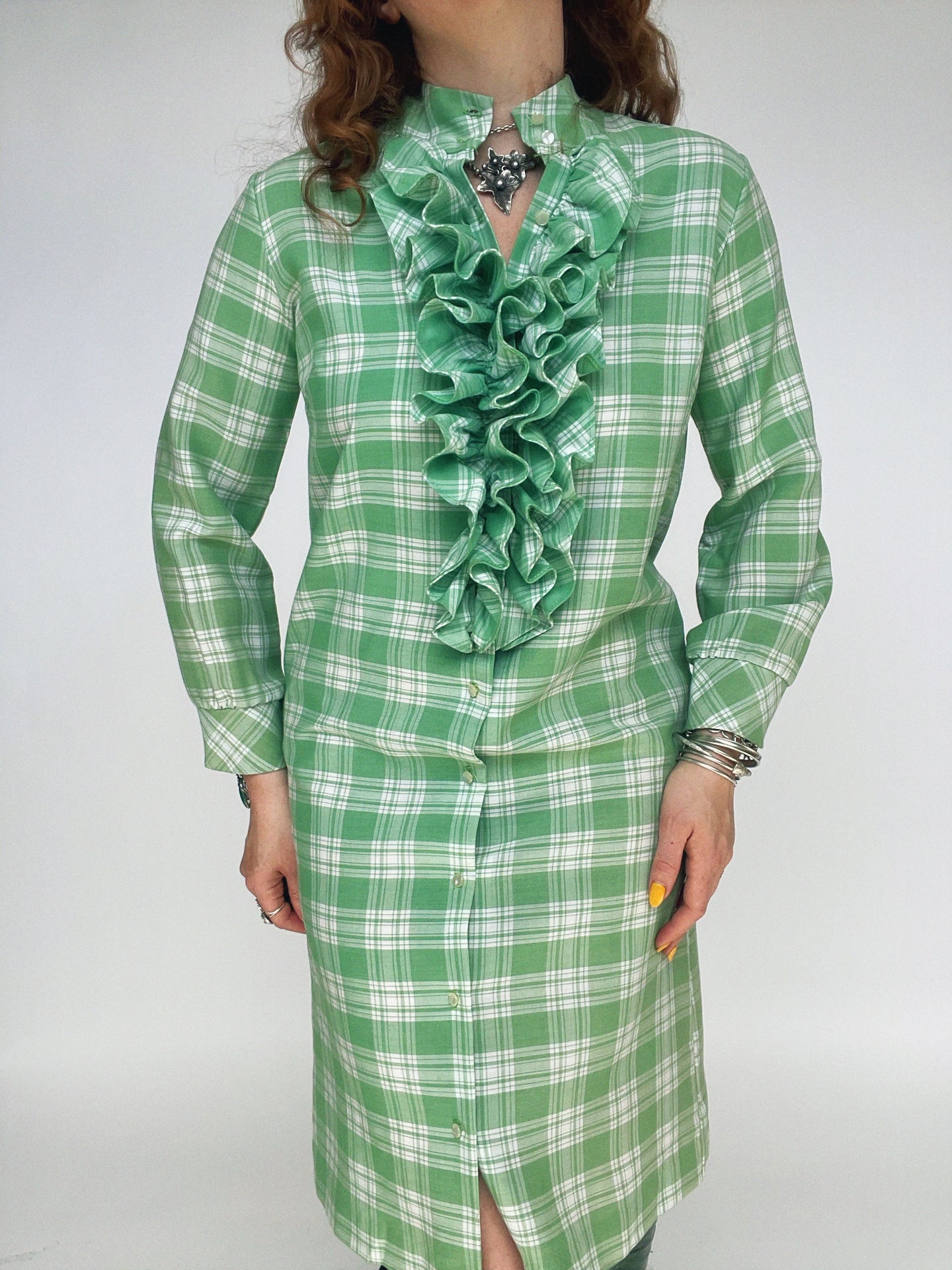1960s Shirt Dress Ruffle Green Plaid Shift M