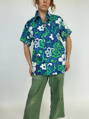 1960s Hawaiian Shirt Floral Cotton Men's L