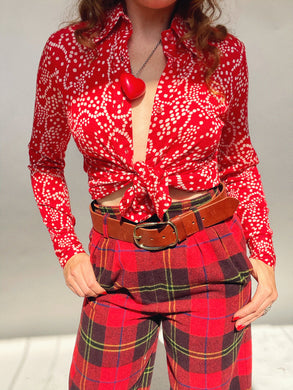 1970s Blouse Printed Knit Shirt Button Up S