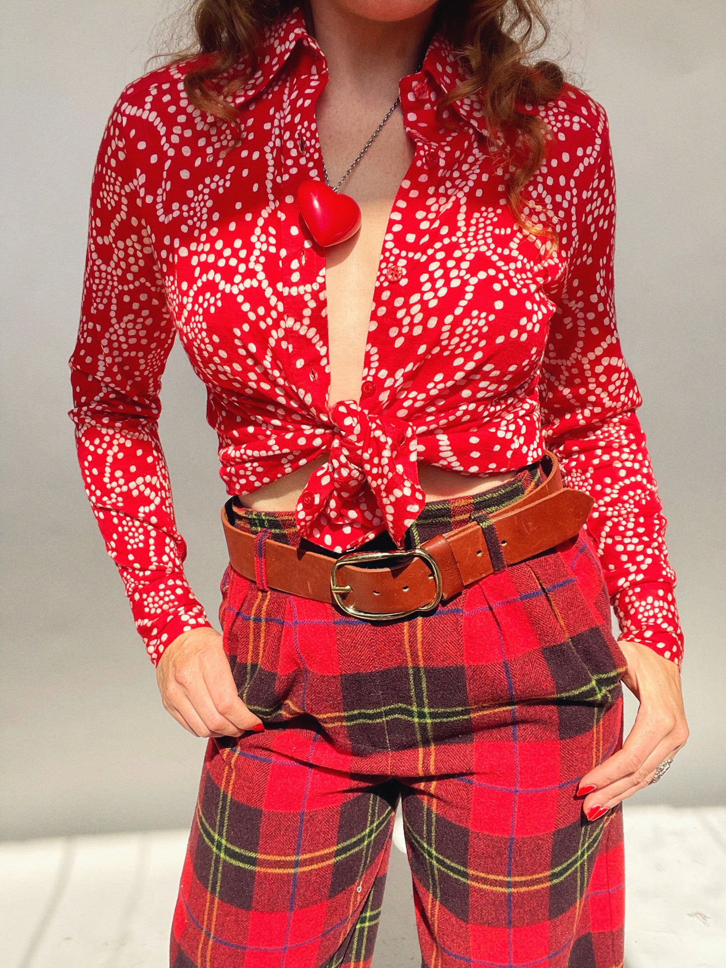 1970s Blouse Printed Knit Shirt Button Up S