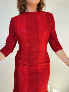 1960s Dress Wool Woven Fitted Burgundy Red S