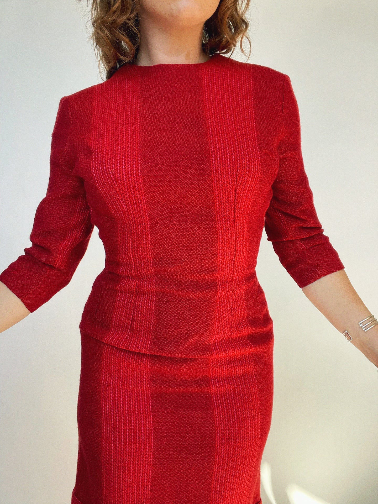 1960s Dress Wool Woven Fitted Burgundy Red S