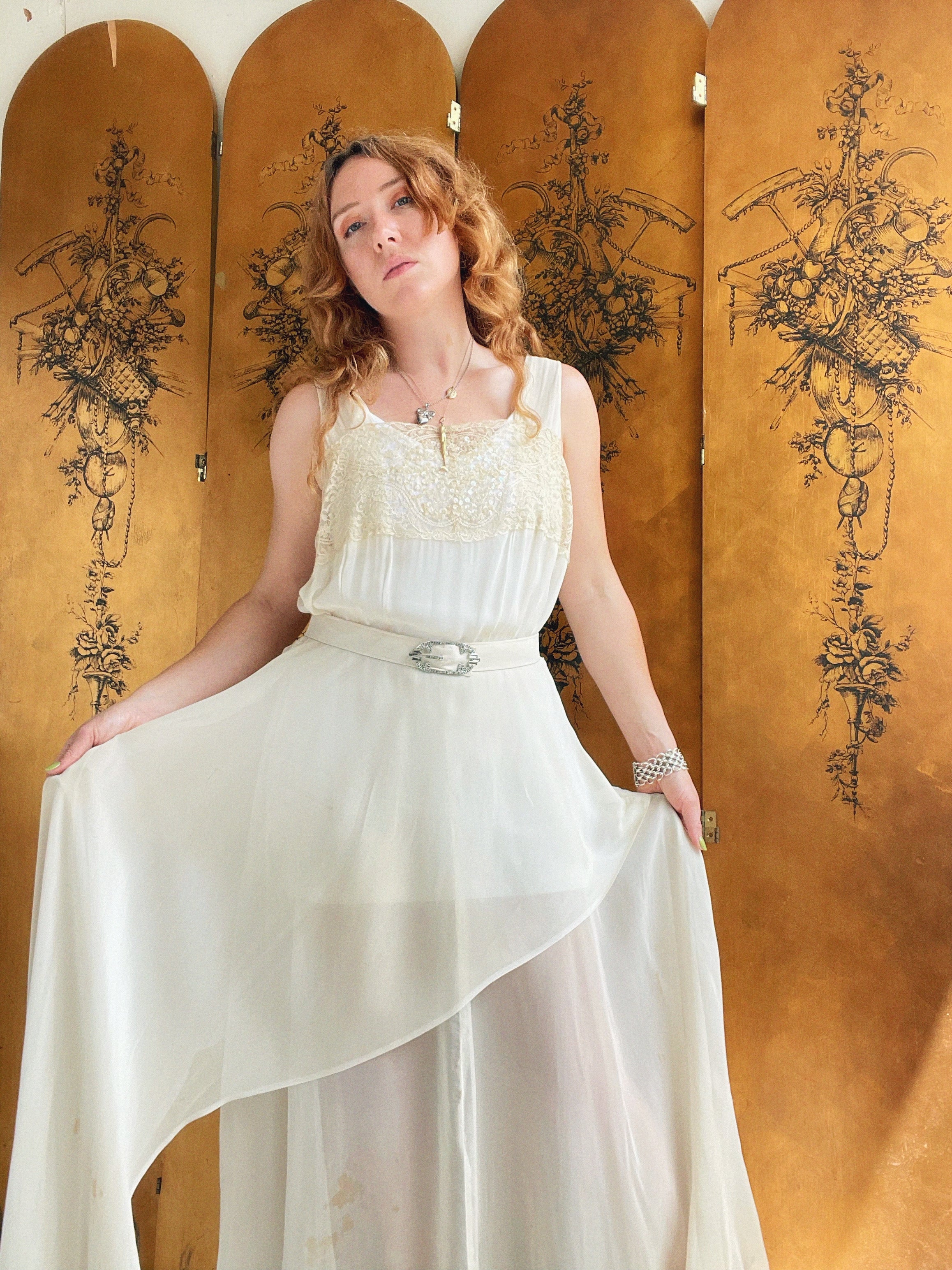 1930s Dress Deco Sheer Lace Sequin Gown M/L