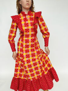 1970s Maxi Dress Patchwork Cotton Prairie Gown S