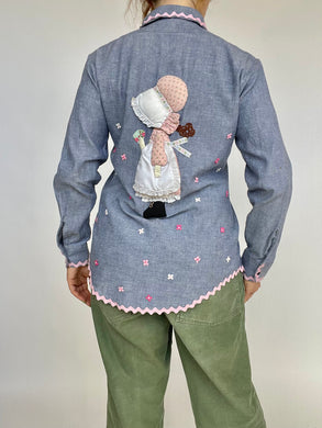 1970s Chambray Shirt Button Up Holly Hobbie Appliqué Ric Rac S